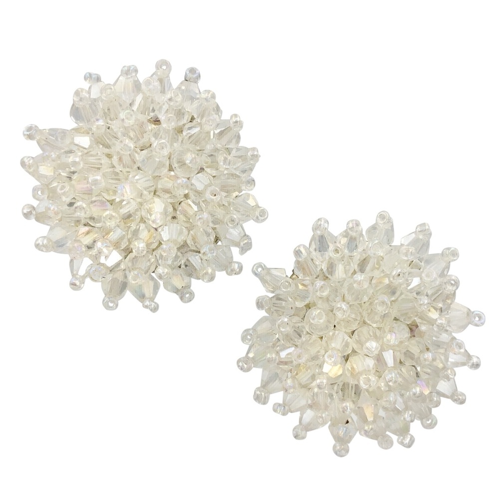Clear Glass Beaded Burst Large Statement Handmade Stud Earrings